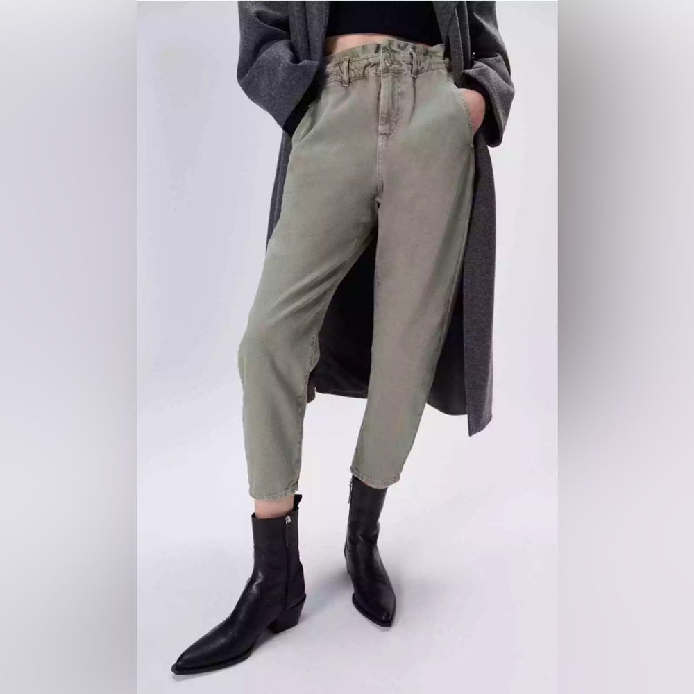 ZARA Baggy Paperbag Jeans High Rise NWT Light Green - Picture 2 of 5